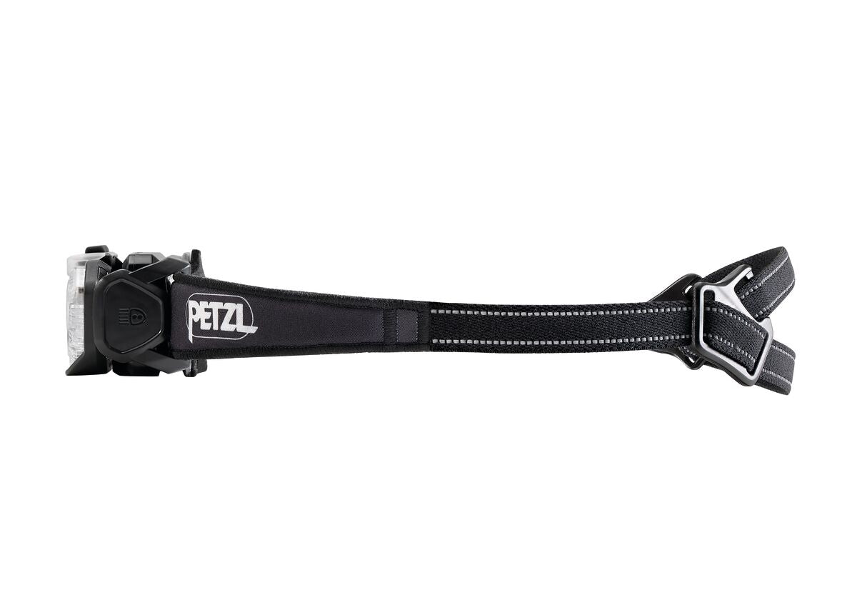 Petzl headtorch for running with reactive lighting in black, side view