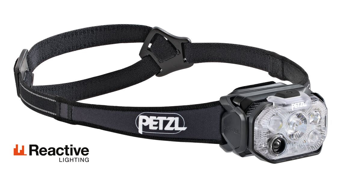 Petzl headtorch for running with reactive lighting in black