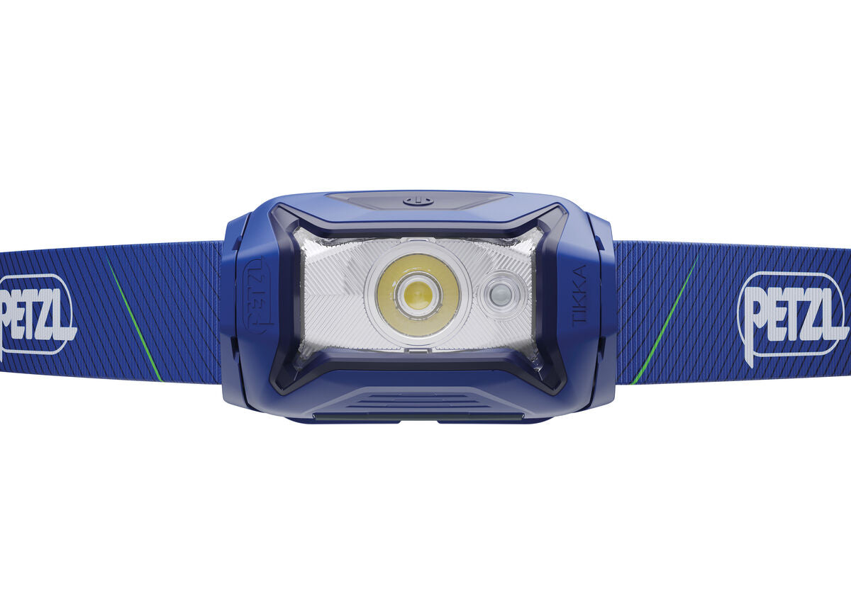 Blue headlamp with Petzl logo on a white background