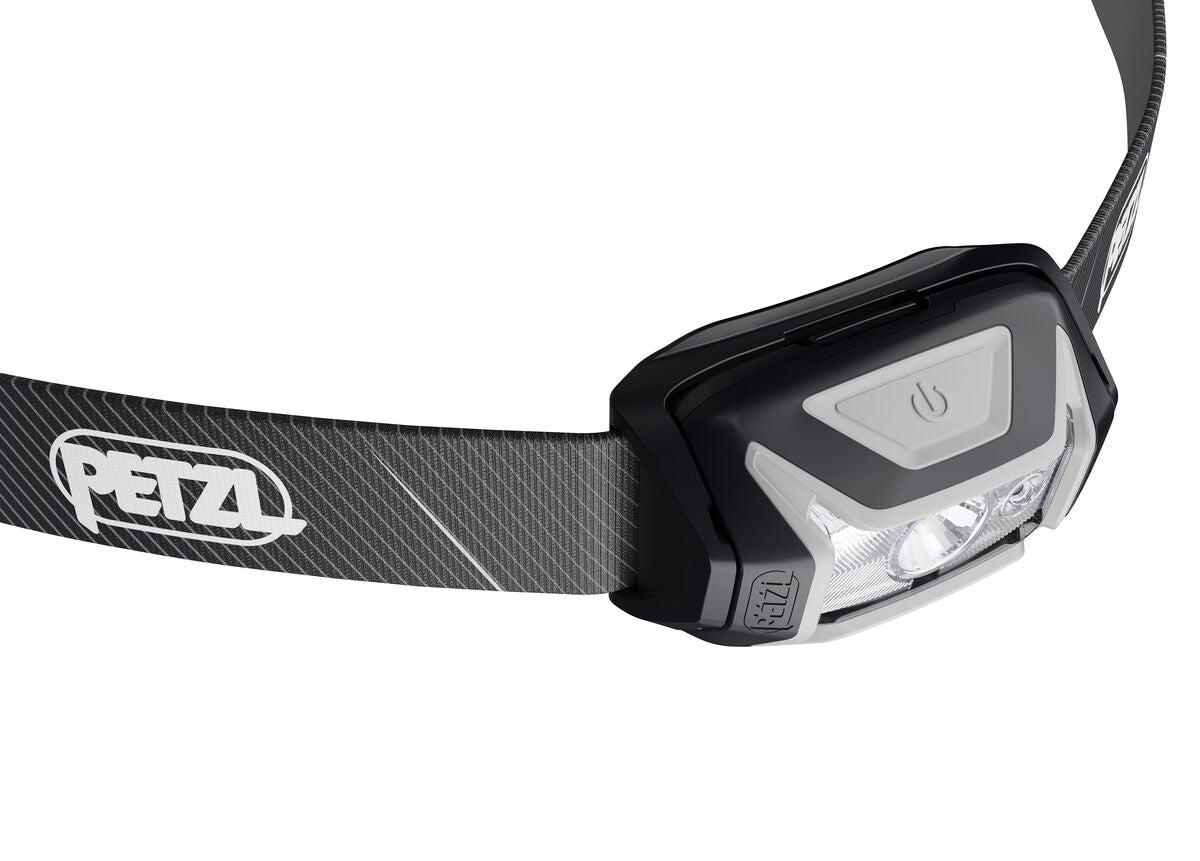 Black and gray headlamp with Petzl logo 