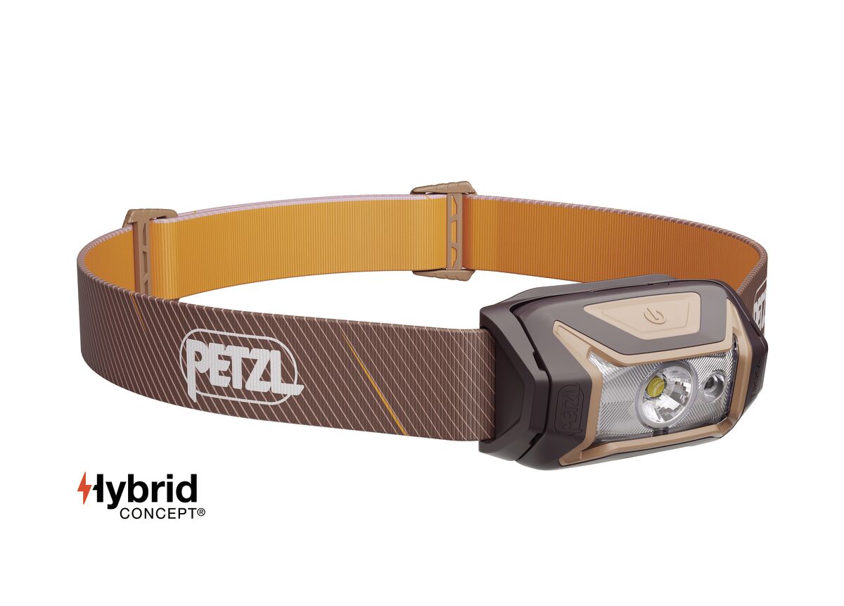 Headlamp with brown strap and visible Petzl logo 