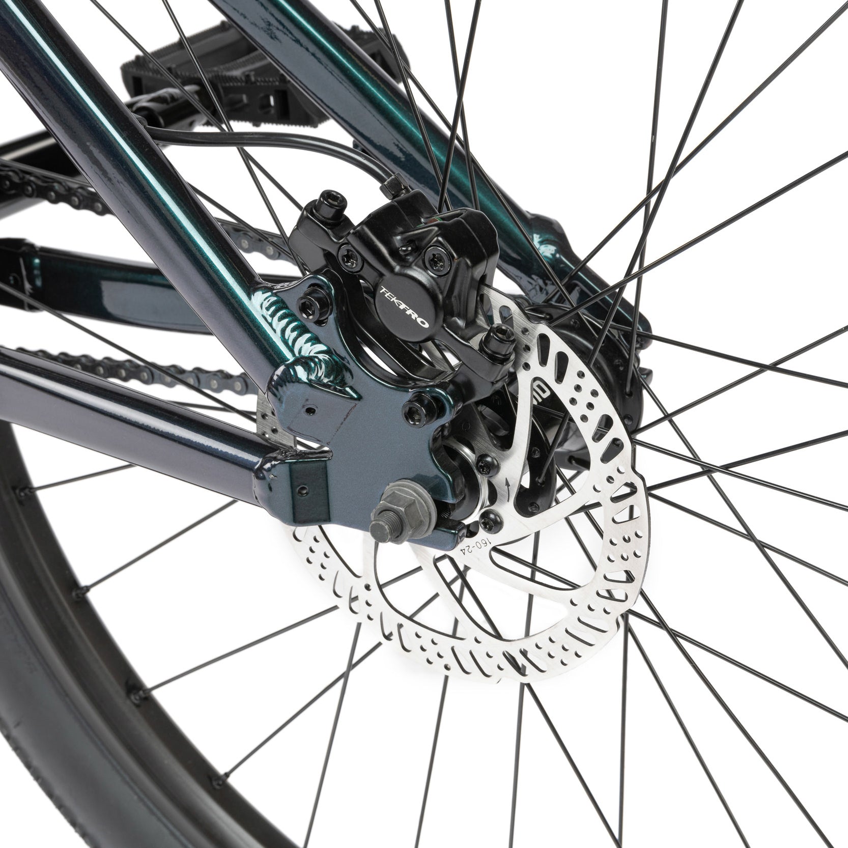 Close-up of a bicycle wheel with disc brake system on radio griffin dirt jumper