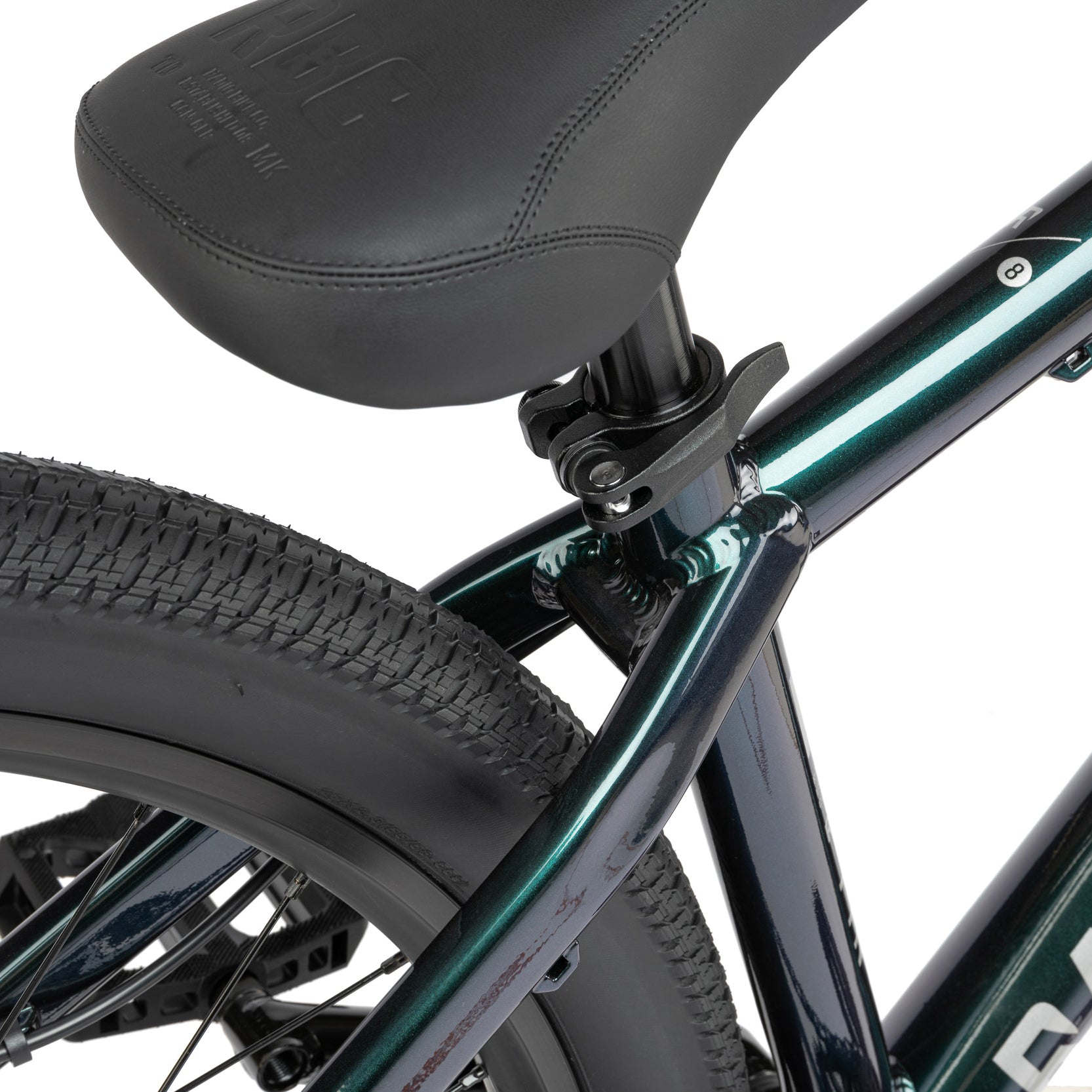 Green dirt jumper from the Radio Bike Company, close up of seat and frame