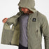 Man wearing SAYSKY clean hooded jacket for road running in beige colour showing ventilation pockets