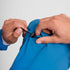 Man wearing SAYSKY Clean Pace Flex Hooded Running Jacket in blue, showing hood toggle