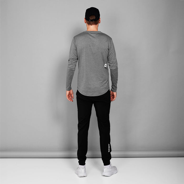 saysky long sleeve running top for men in grey, breathable, quick-drying running top, full body short of man wearing top from the back