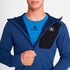 man wearing SAYSKY long sleeve, blue and black, fleece run top showing inner fleece material and zip