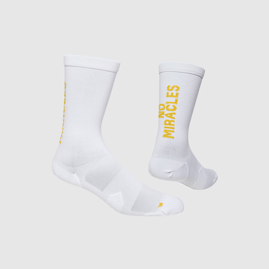 SAYSKY white socks with yellow text 'No Miracles' 