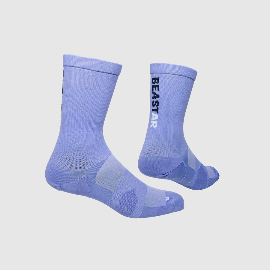 Pair of SAYSKY purple socks with 'BEASTAR' branding 
