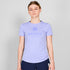 Woman wearing saysky logo combat pro t-shirt in purple colour, front logo