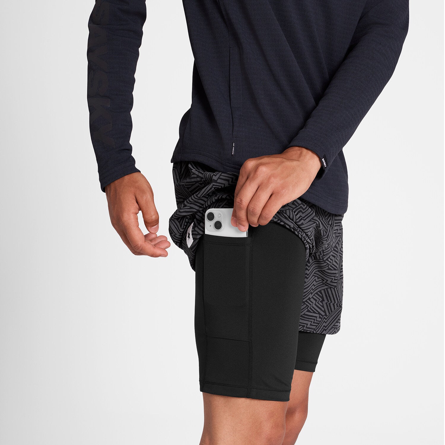SAYSKY reflective 2in1 Pace running shorts showing phone pocket on inner tight