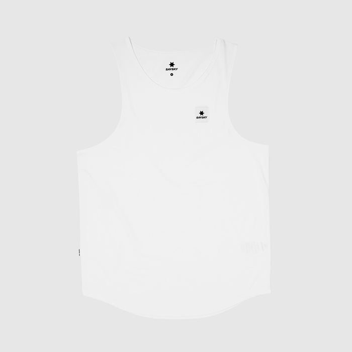 SAYSKY singlet tank top for men, breathable and anti-cling running top, white colour with logo detail, view of SAYSKY singlet laying flat on a white background