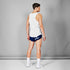 SAYSKY singlet tank top for men, breathable and anti-cling running top, white colour with logo detail, back view of man wearing SAYSKY singlet and navy shorts