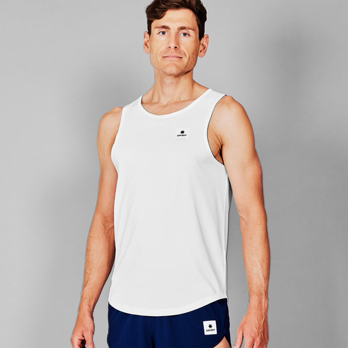 SAYSKY singlet tank top for men, breathable and anti-cling running top, white colour with logo detail, view of man wearing SAYSKY singlet 