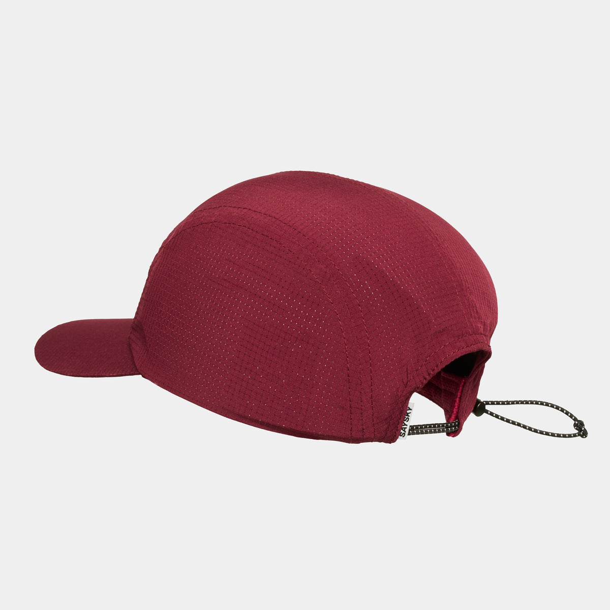 SAYSKY red running cap, showing breathable fabric and toggle back, with SAYSKY logo