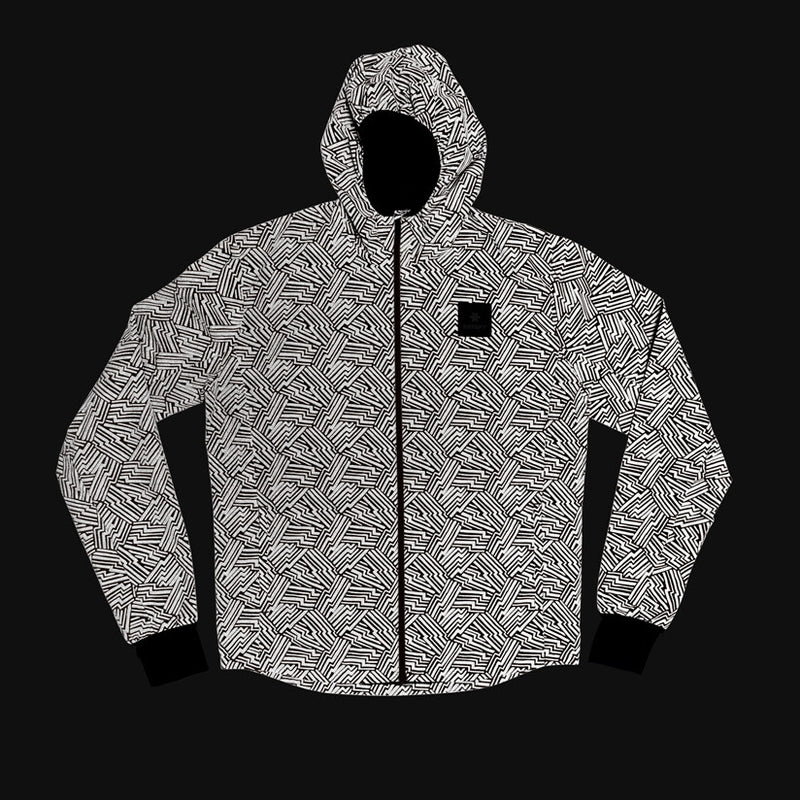saysky reflective blaze jacket for men, warm wind proof jacket for running in cold dark conditions, black with grey reflective geometric pattern, jacket laid out flat showing reflective pattern with black background