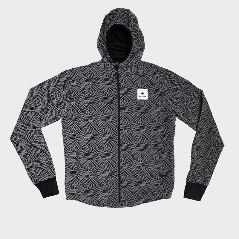saysky reflective blaze jacket for men, warm wind proof jacket for running in cold dark conditions, black with grey reflective geometric pattern, saysky jacket laid flat on white background