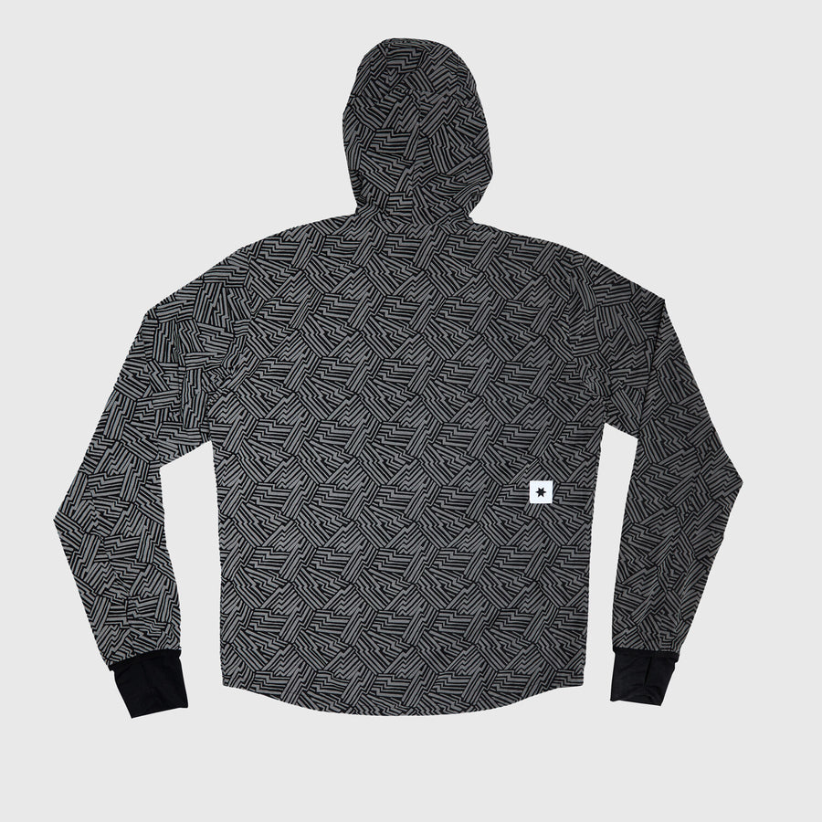 saysky reflective blaze jacket for men, warm wind proof jacket for running in cold dark conditions, black with grey reflective geometric pattern, back of saysky jacket laid flat on white background