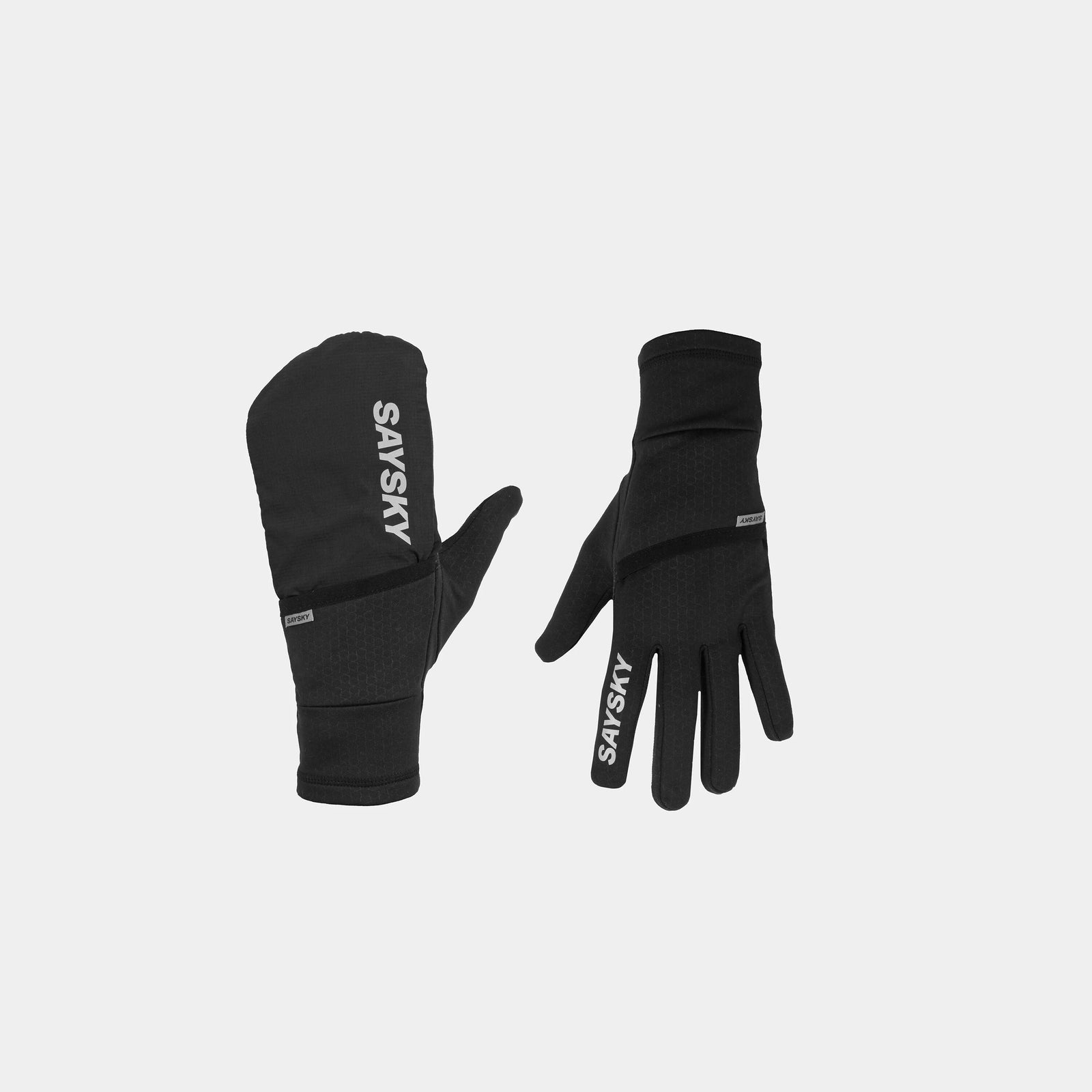 Pair of black unisex saysky thermal pace gloves back view with mitten 