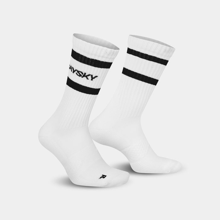 SAYSKY unisex running socks, cushioned and breathable sock for running white socks with black details, image of SAYSKY socks on a white background