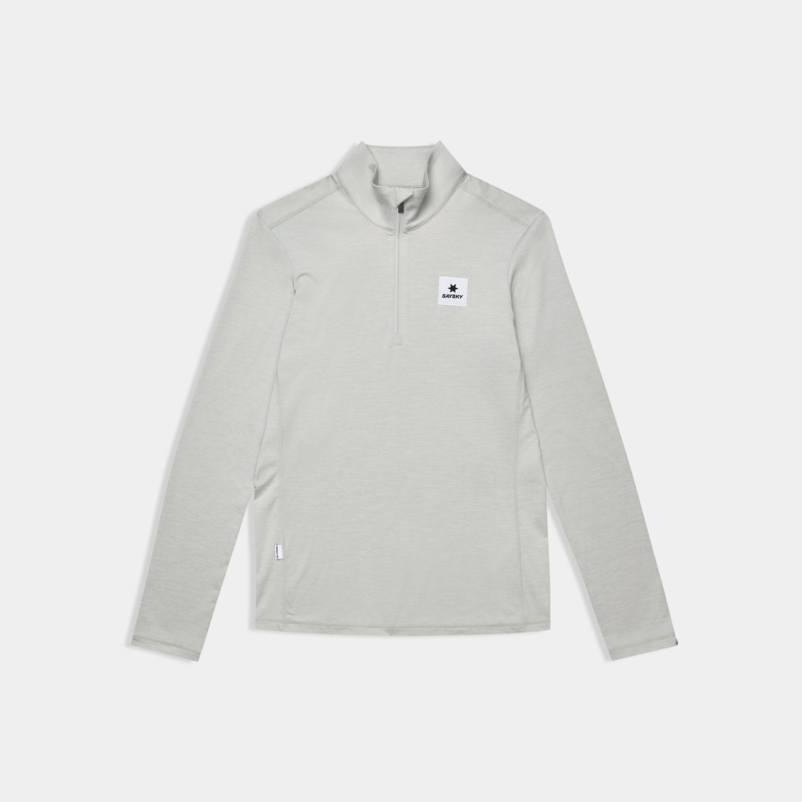 saysky womens pace 1/2 zip long sleeve, lightweight breathable half zip top for running, light grey colour, top laying out flat on white background 