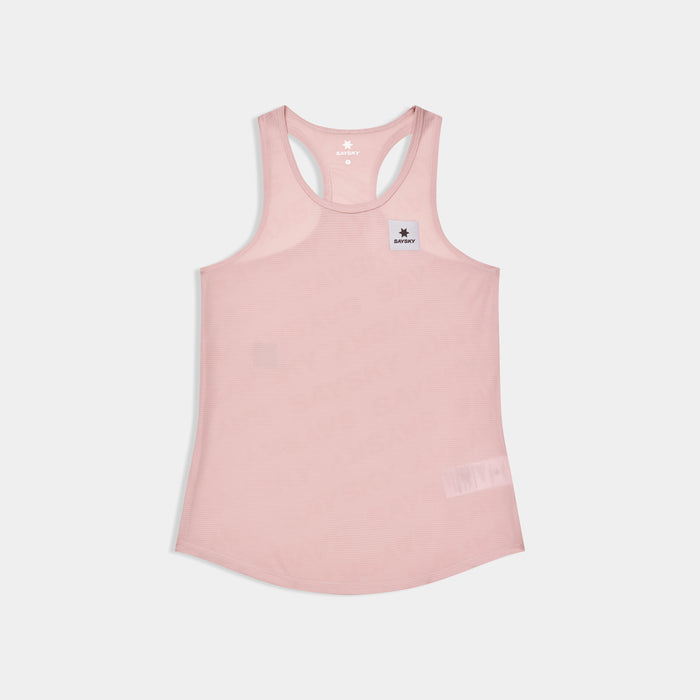 SAYSKY reactive flow pink singlet tank top for women, ultra-light, race tank, view of SAYSKY tank laying flat on a white background