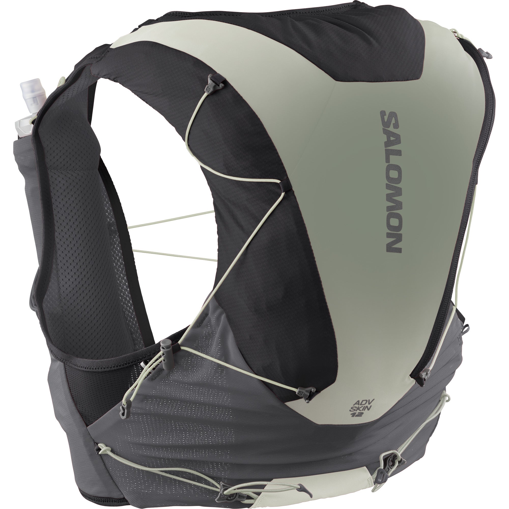 Salomon ADV Skin 12, 12 liter running vest, dark grey colour with dark green accents, back of pack vest