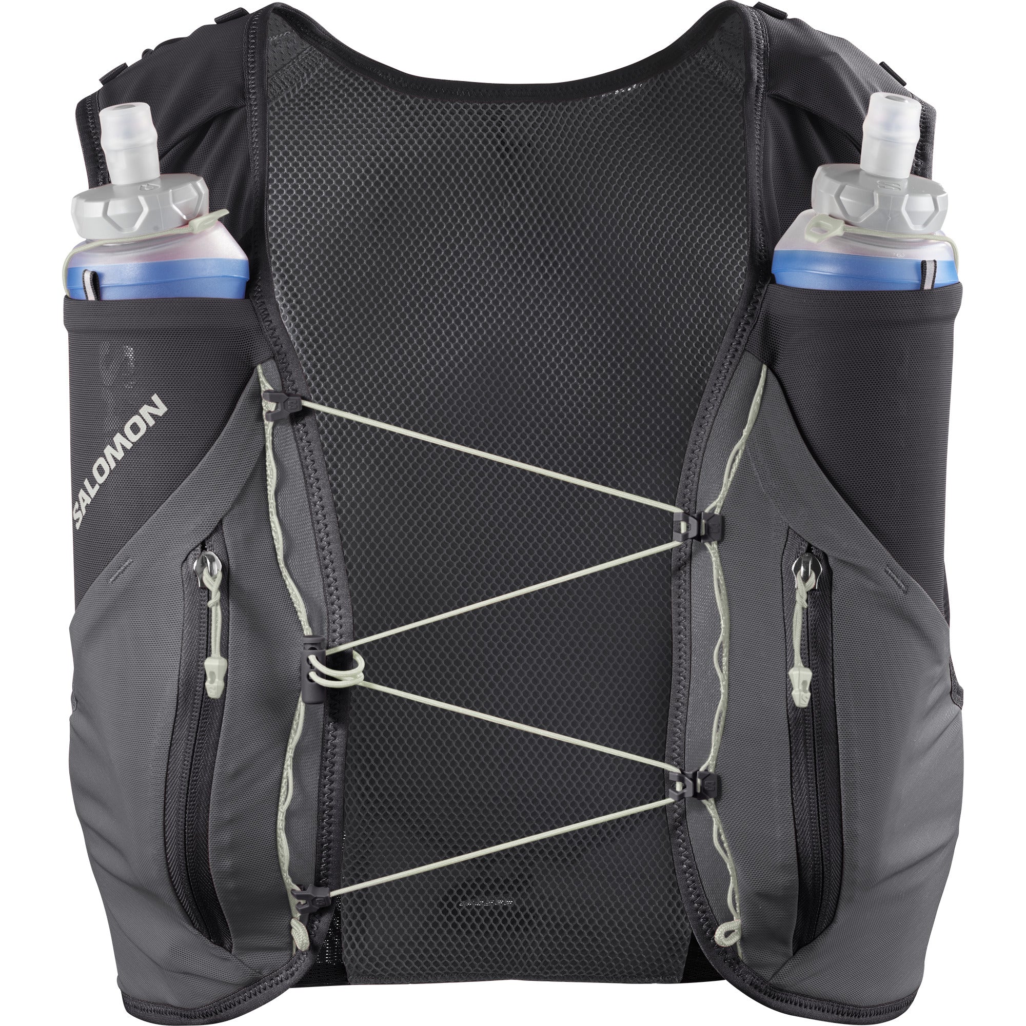Salomon ADV Skin 12, 12 liter running vest, dark grey colour with dark green accents, front of pack vest with water flasks