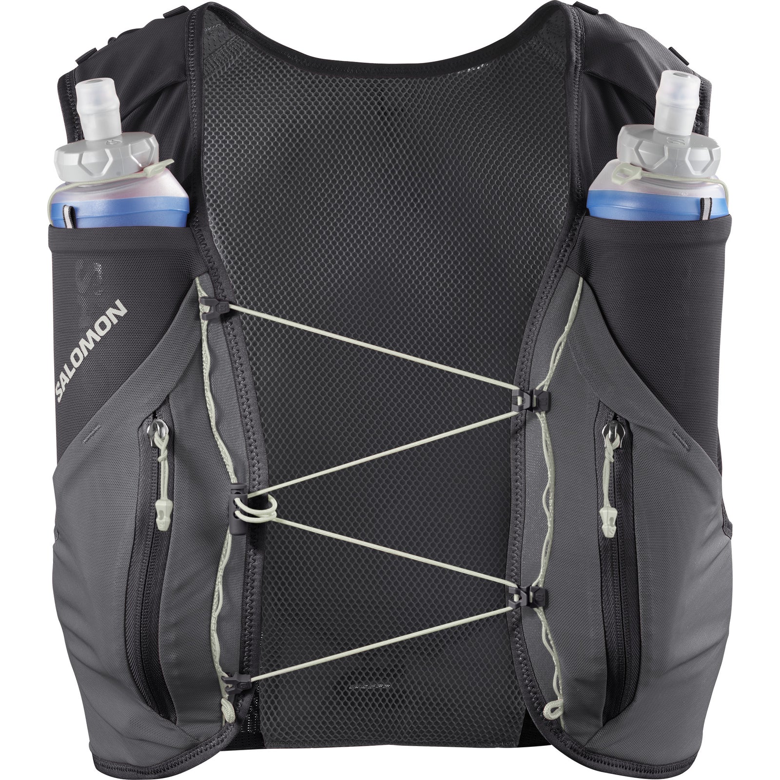 Salomon ADV Skin 12, 12 liter running vest, dark grey colour with dark green accents, front of pack vest with water flasks