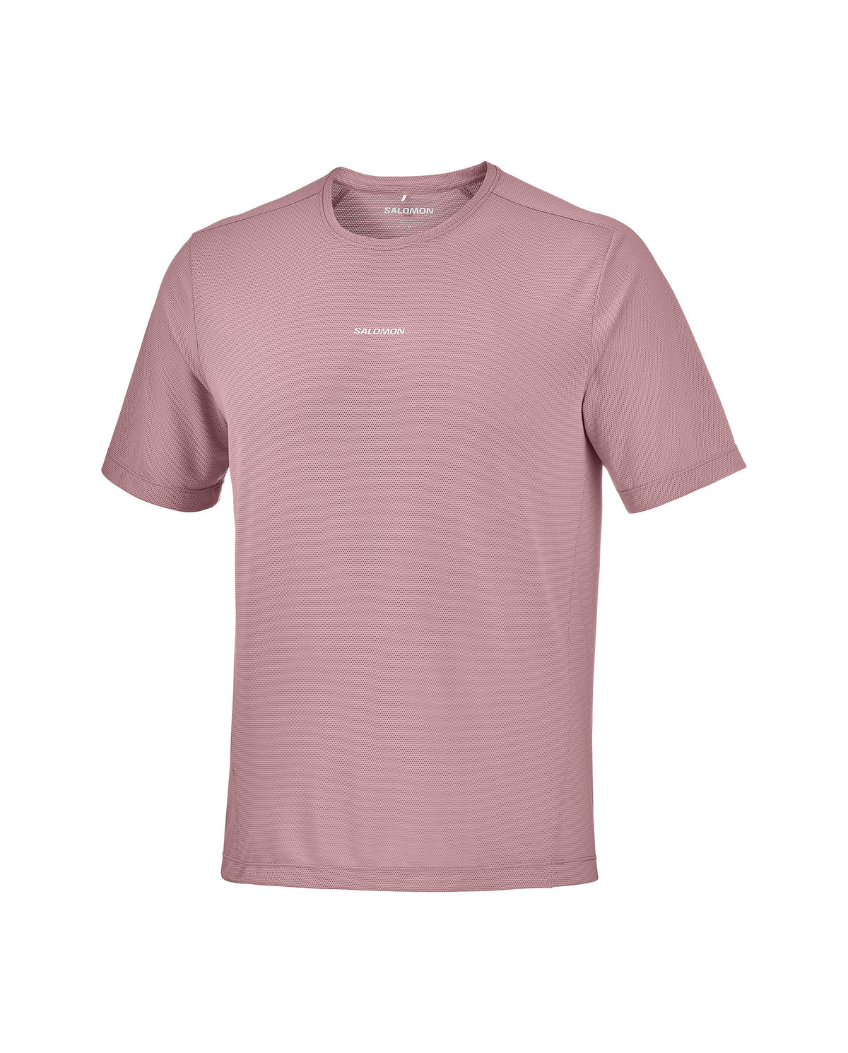 Flat lay of salomon shakeout core tee in a pink colour, reflective logo on front