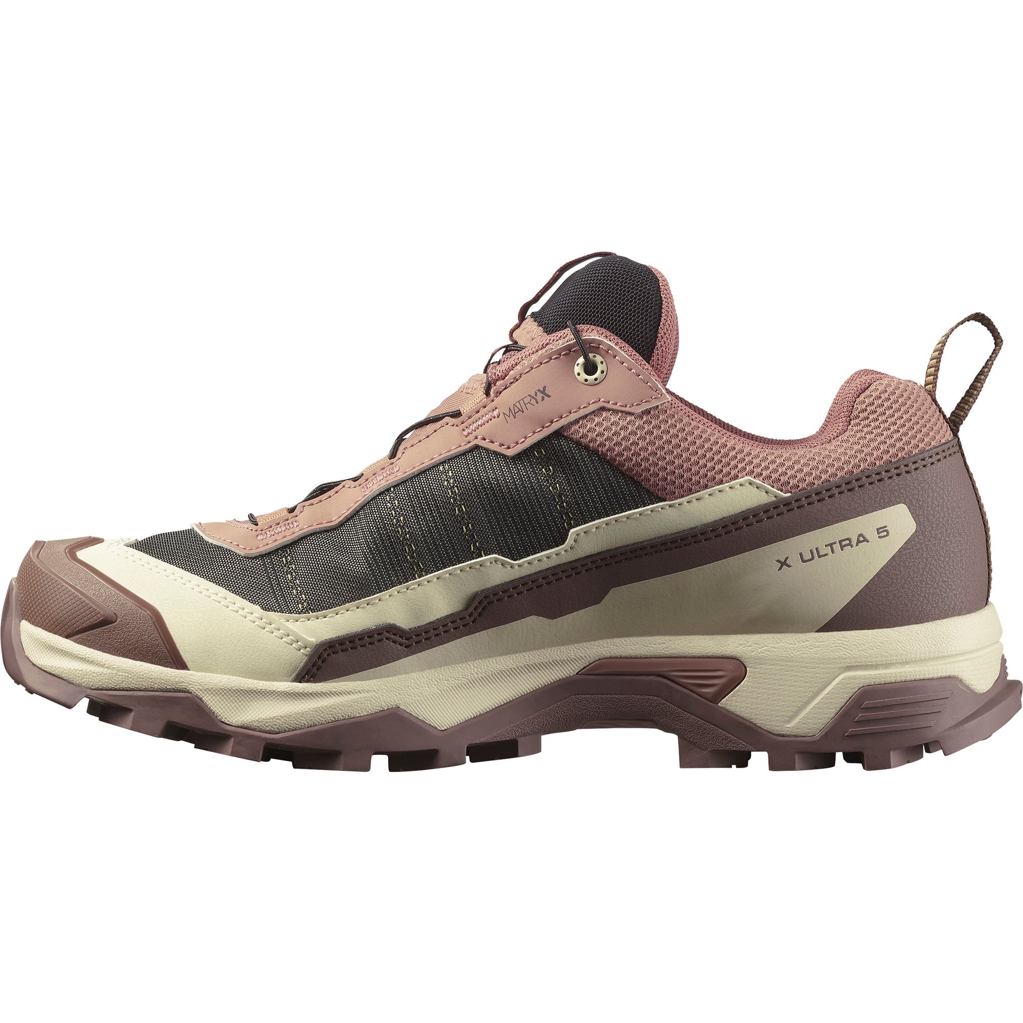 side of women's Salomon X Ultra Goretex Hiking shoe in Burlwood / French Roast / Rattan colour