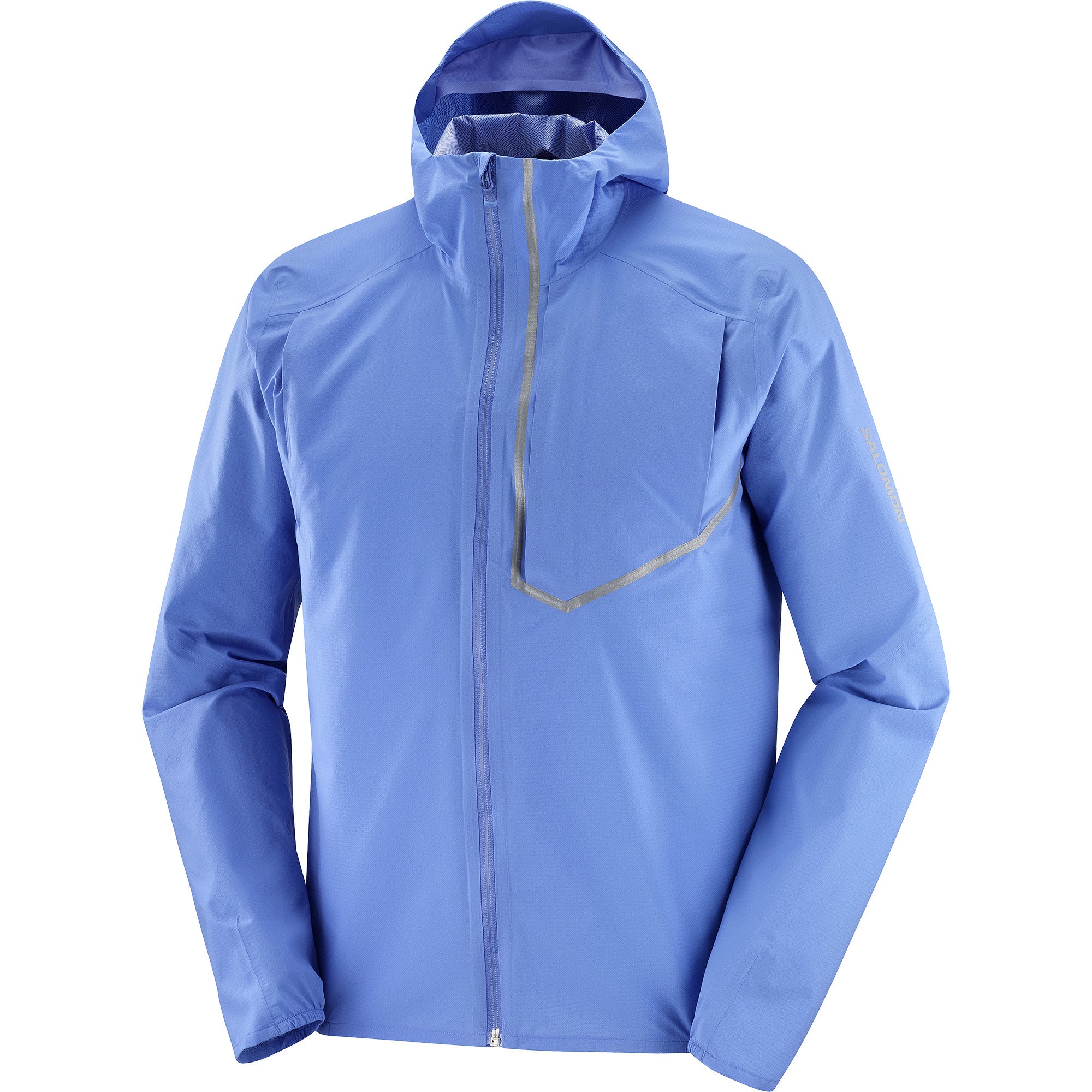 salomon bonatti trail jacket for men, mens waterproof trail running jacket, blue colour  grey reflective detail on chest zipper, front profile of jacket