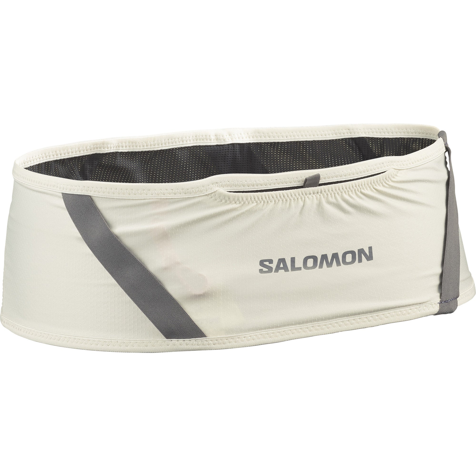 salomon pulse belt, trail running belt with zipper pocket, cream white colour with grey details, back side angle of belt