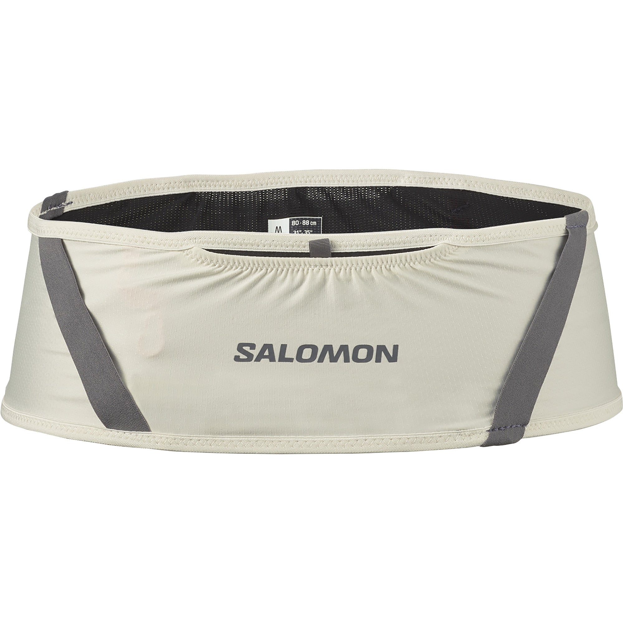 salomon pulse belt, trail running belt with zipper pocket, cream white colour with grey details, back of belt with pole straps