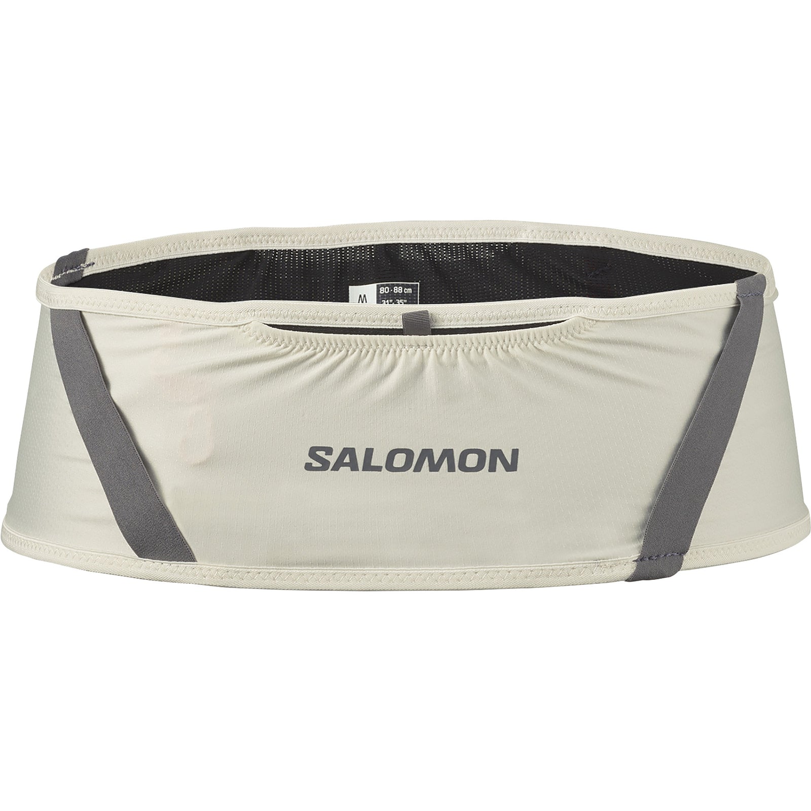 salomon pulse belt, trail running belt with zipper pocket, cream white colour with grey details, back of belt with pole straps