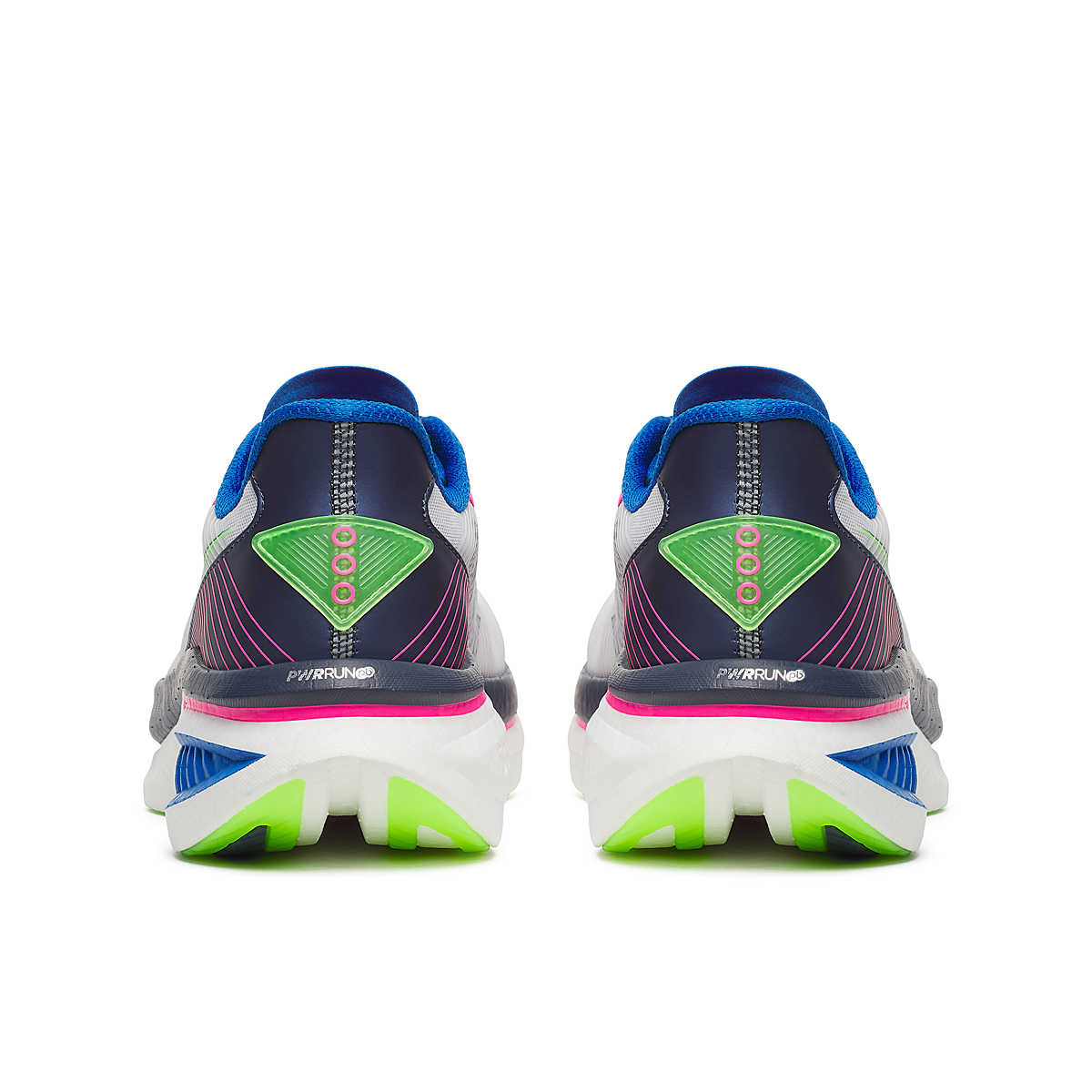 Back of pair of Saucony Endorphin Azura running shoes for men, white with blue and pink