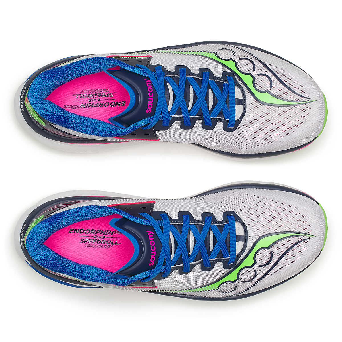 Top view of Saucony Endorphin Azura running shoes for men, white with blue and pink