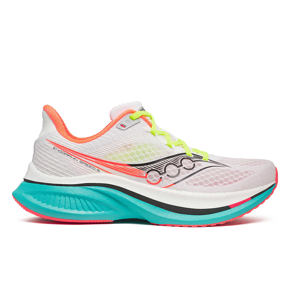 Saucony Endorphin Speed 5 for women - nylon plate running shoe, white with blue turquoise sole and coral trim