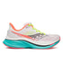 Saucony Endorphin Speed 5 for women - nylon plate running shoe, white with blue turquoise sole and coral trim