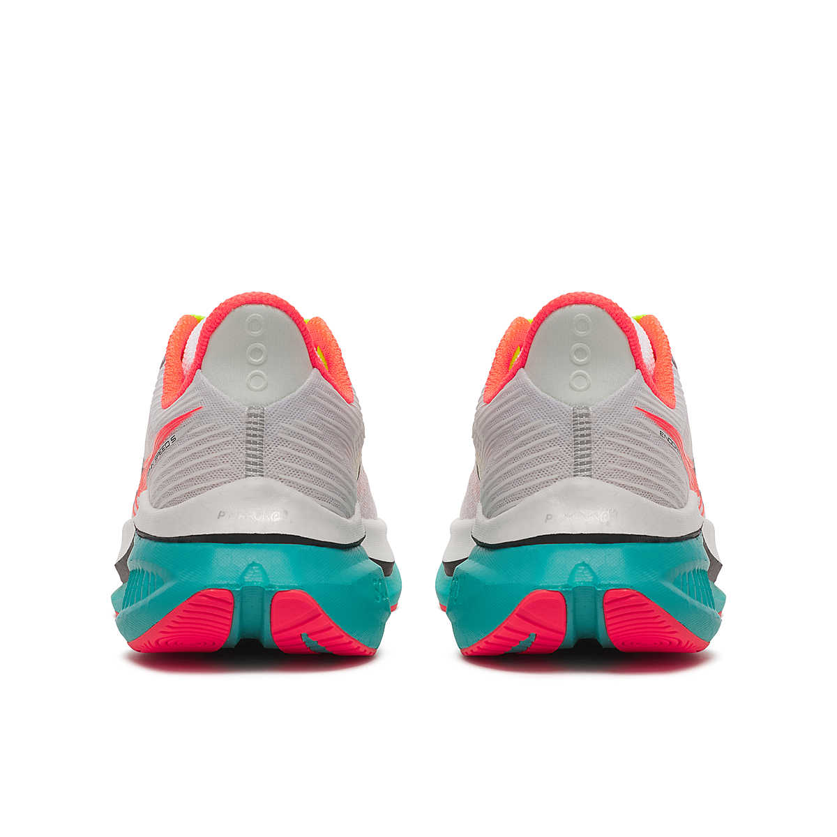 Back of pair of Saucony Endorphin Speed 5 for women - nylon plate running shoe