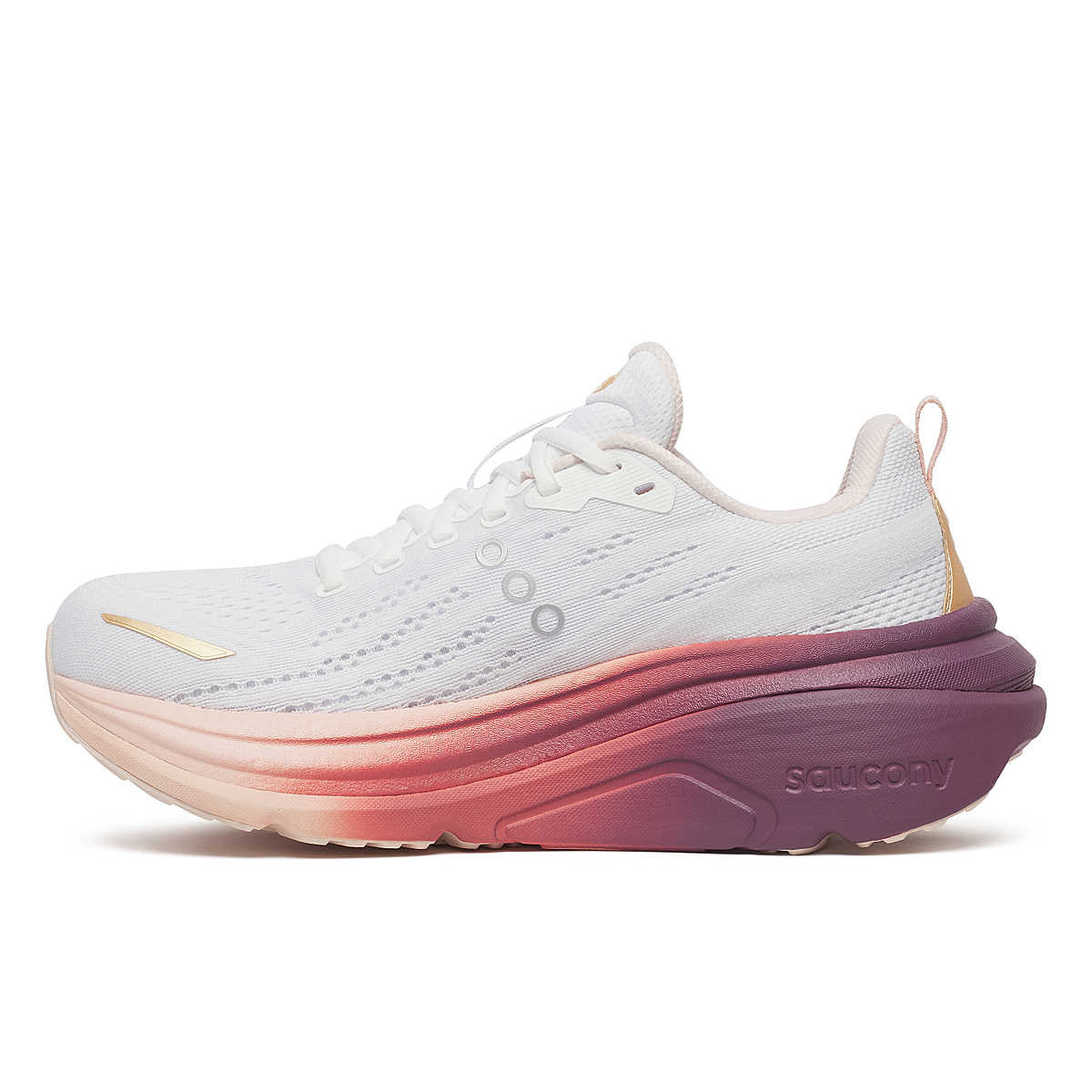 White saucony running shoe with pink and purple sole