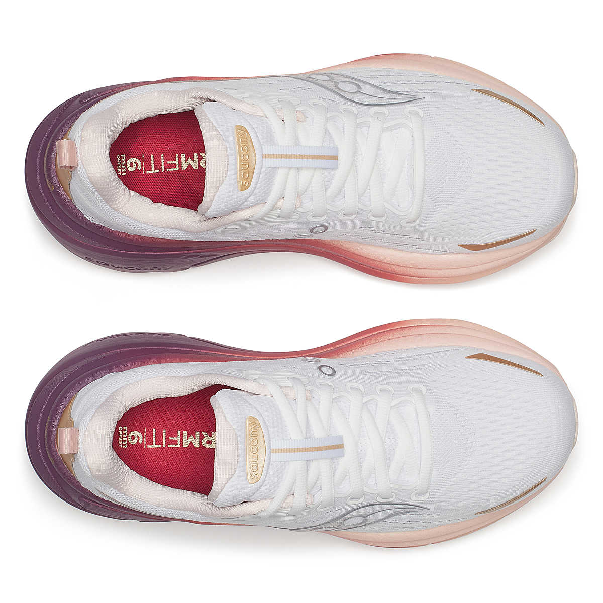 Pair of white running shoes with pink and purple accents top overview