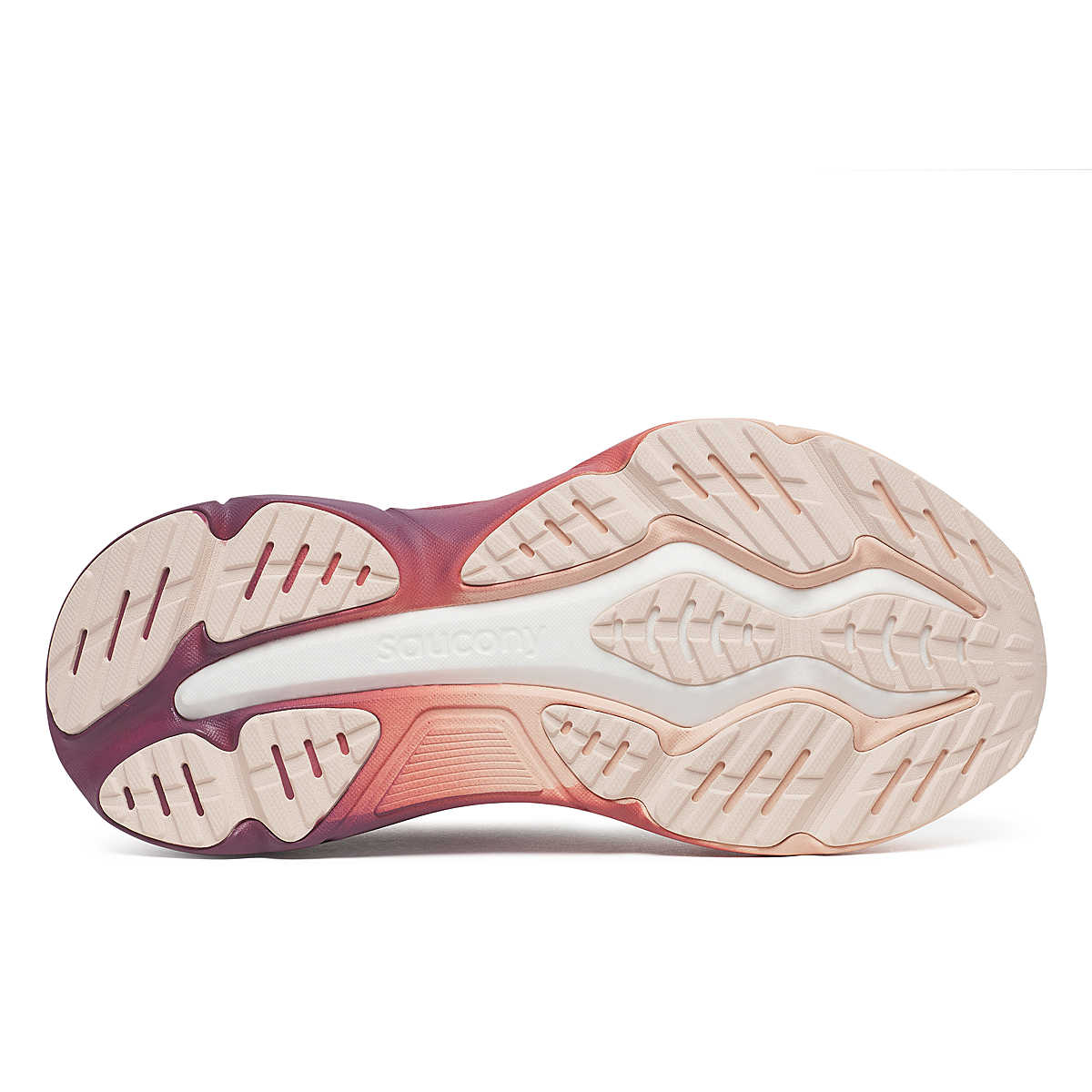 Close-up of a saucony hurricane shoe sole with purple and pink accents 