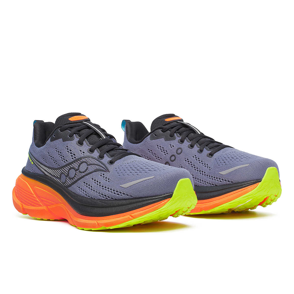 Pair of saucony hurricane 25 running trainer road shoes mens black yellow orange shadow vizi