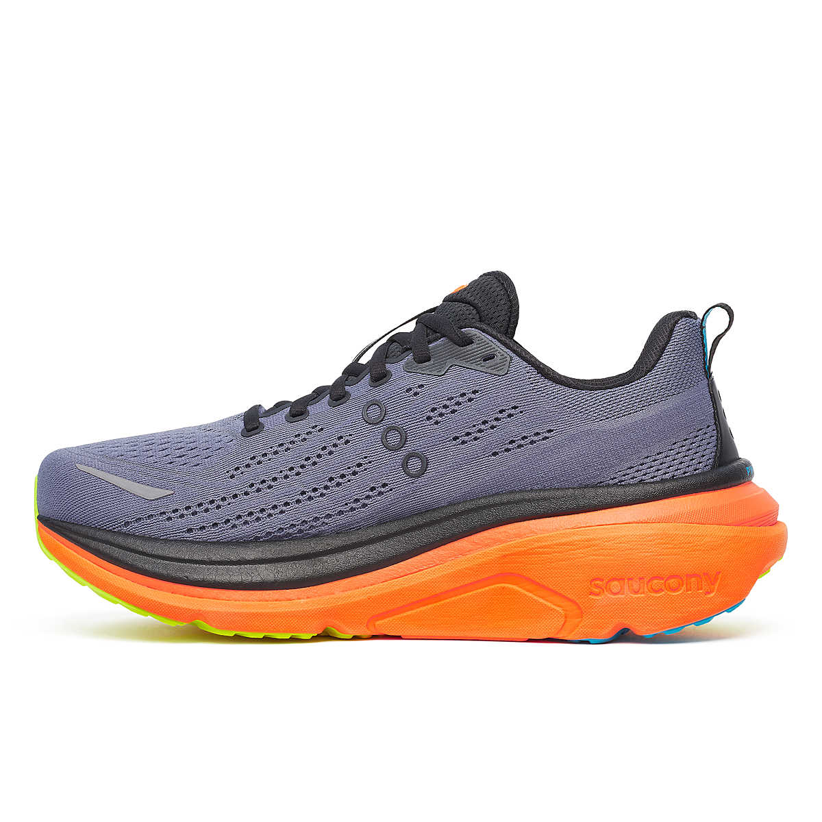 Side of saucony hurricane 25 running trainer road shoes mens black yellow orange shadow vizi