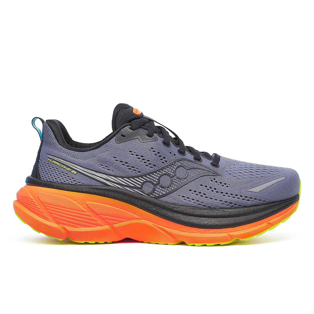 Side of saucony hurricane 25 running trainer road shoes mens black yellow orange shadow vizi