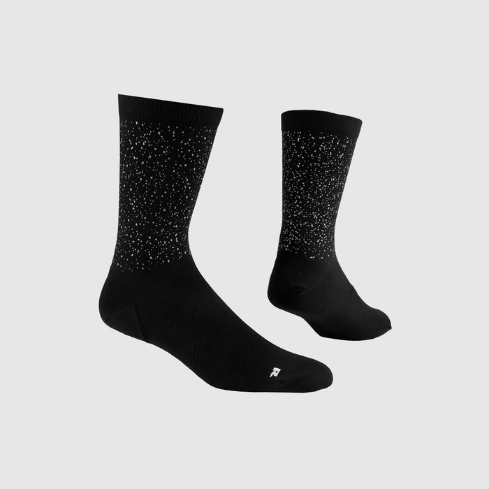 Pair of black saysky socks with reflective speckled pattern
