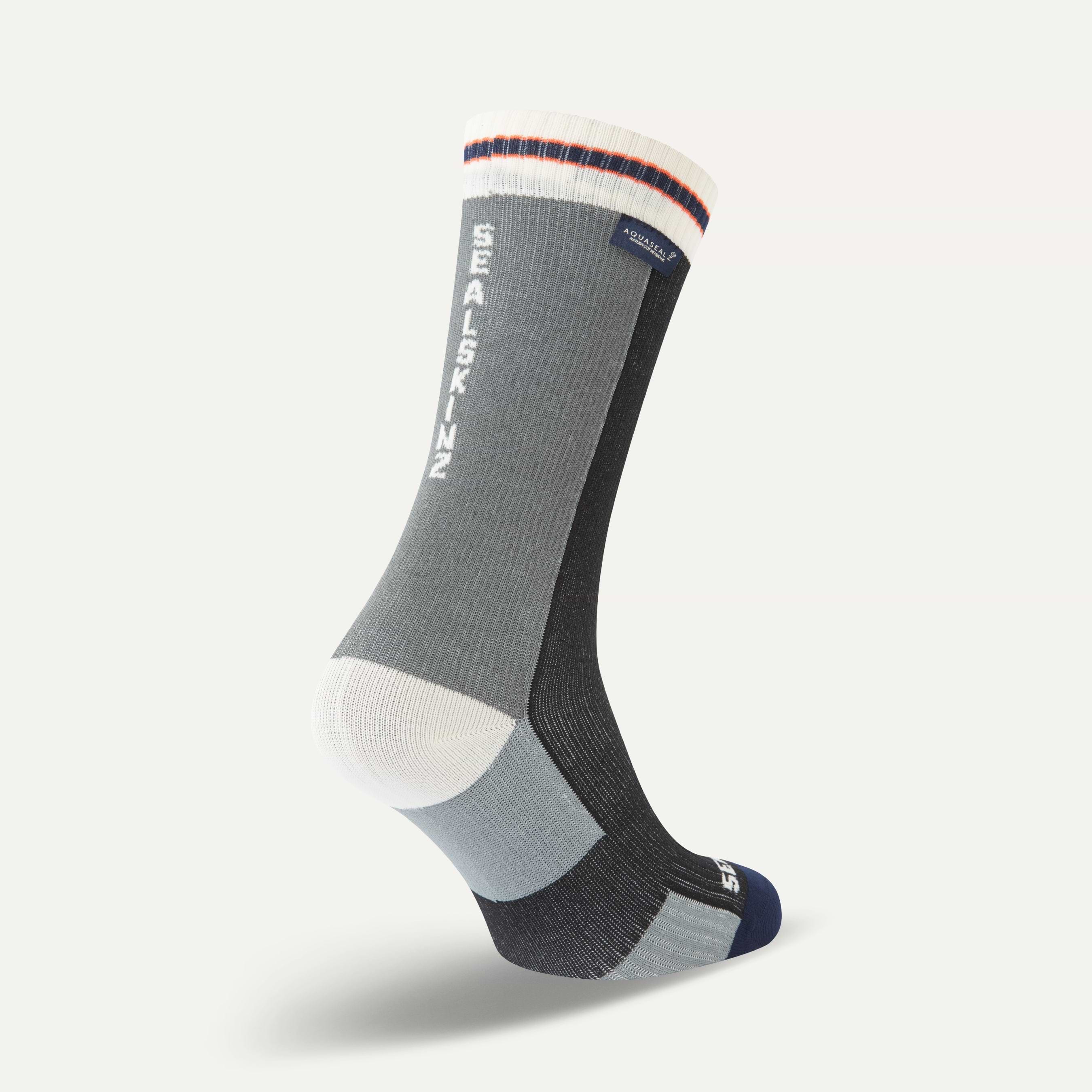 Sealskinz waterproof cycling socks, gray and black sock with visible branding on a white background