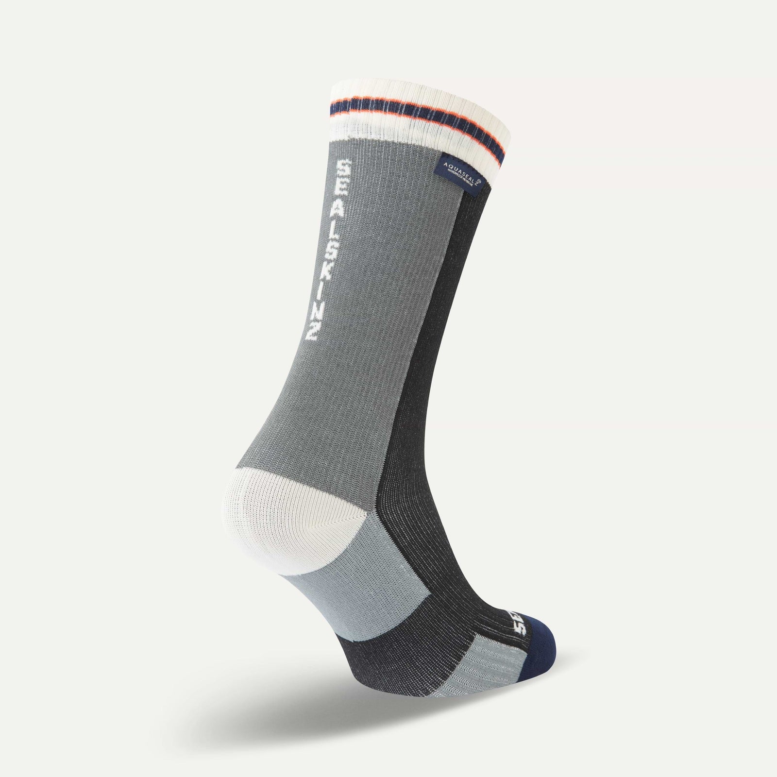 Sealskinz waterproof cycling socks, gray and black sock with visible branding on a white background