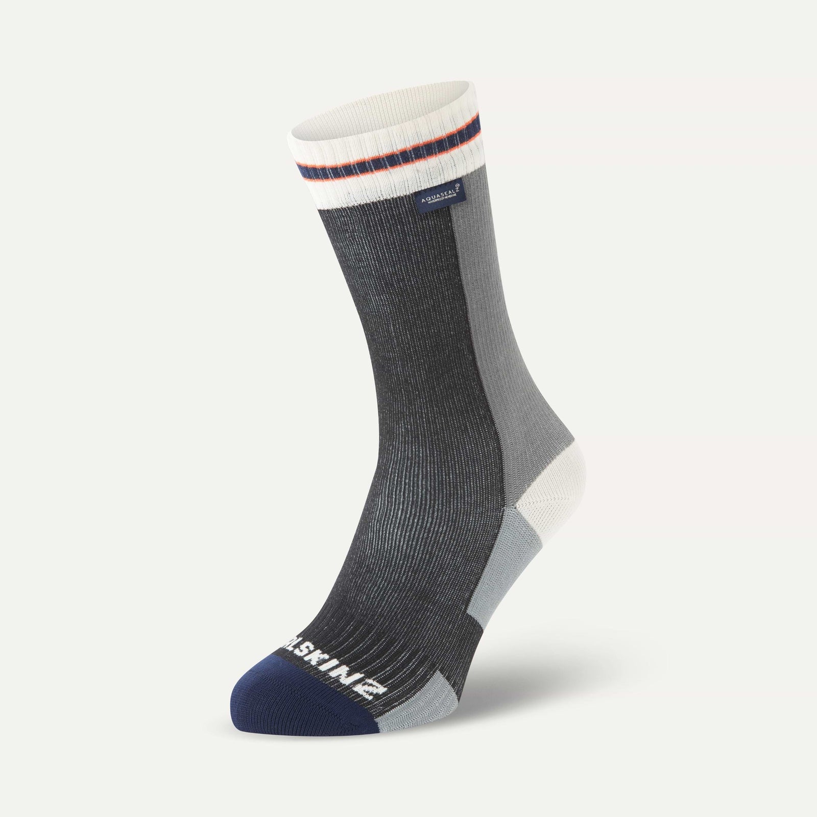 Sealskinz waterproof cycling socks, gray sock with blue toe and heel on a white background